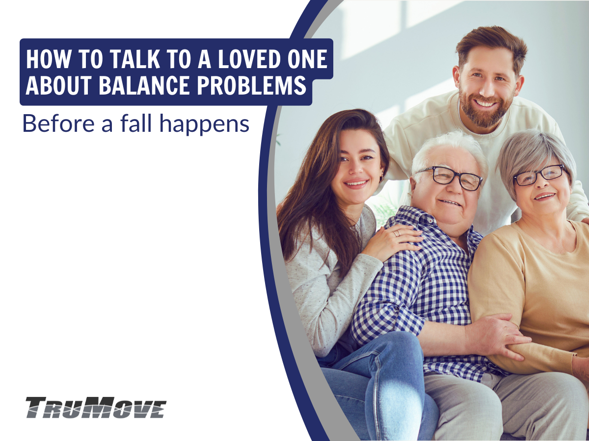 Adult child and parents smiling together at home, representing family support and proactive conversations about balance and fall prevention, created for TruMove Physical Therapy blog post “How to Talk to a Loved One About Balance Problems.”