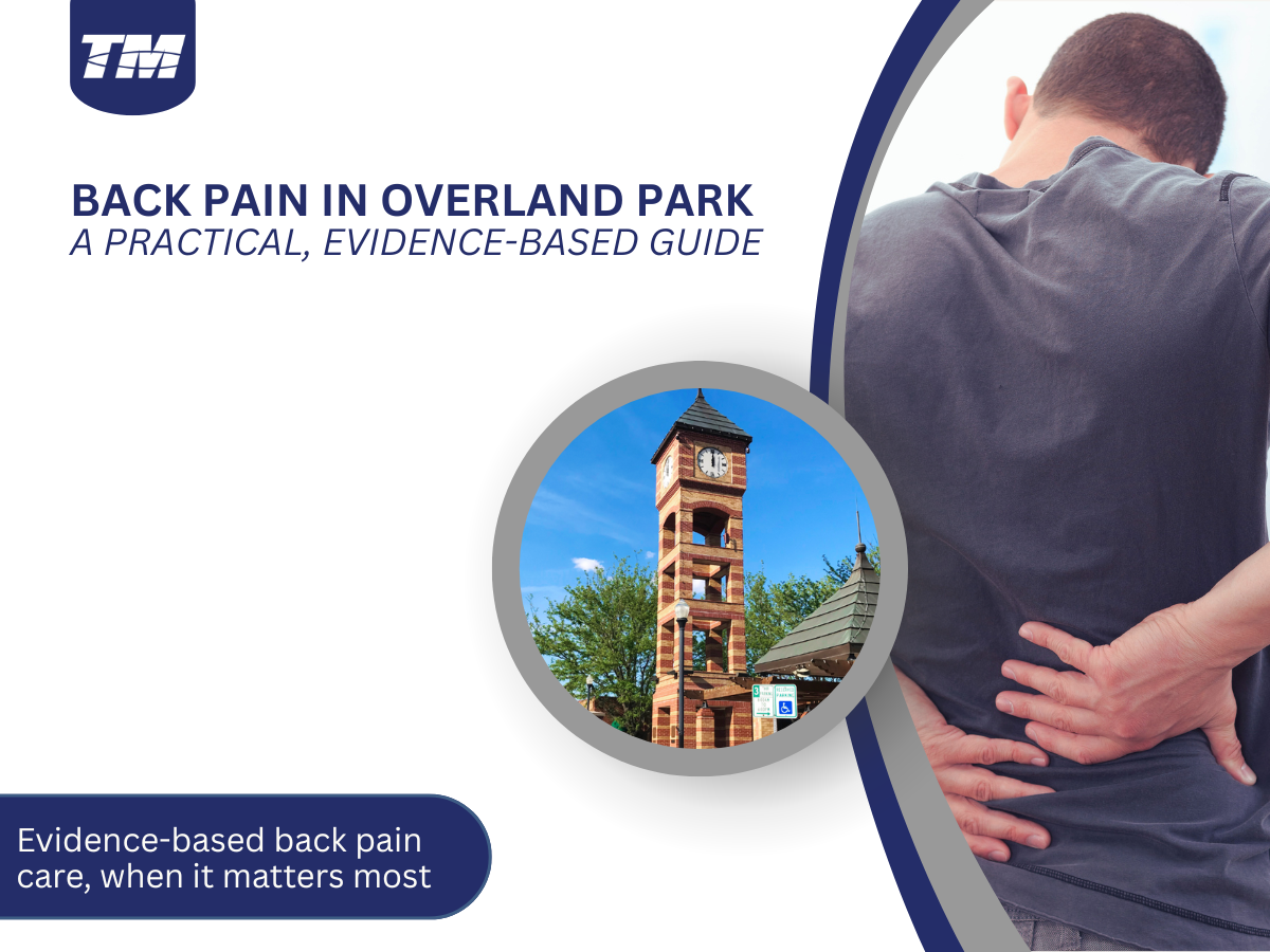 Person experiencing lower back pain with Overland Park landmark, representing a practical guide to managing back pain in Overland Park, Kansas