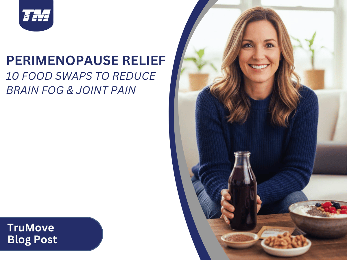pproachance woman at home with anti-inflammatory foods like tart cherry juice and greek yogurt for perimenopause joint pain relief.