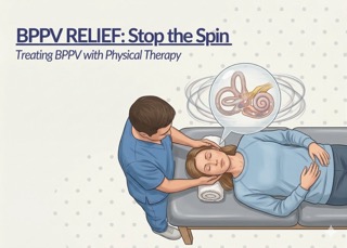A medically accurate illustration showing a physical therapist performing the Epley maneuver on a patient lying on a padded treatment plinth with a neck towel. A diagram shows the inner ear canals and calcium crystals causing vertigo.