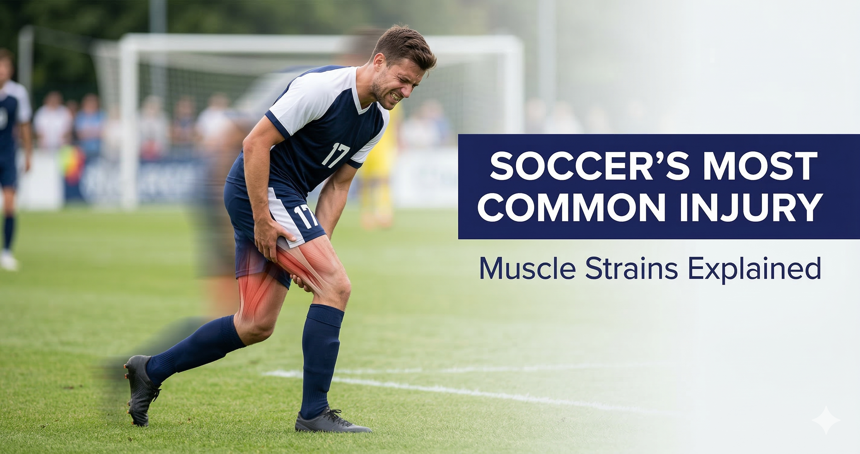 Soccer player grabbing hamstring during a muscle strain injury on a soccer field