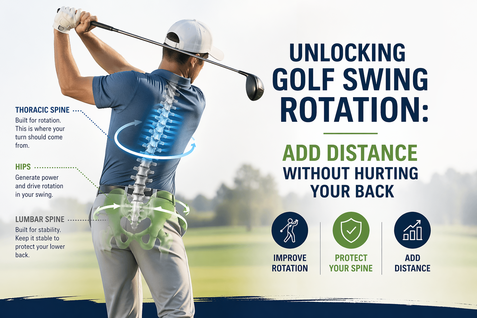 Golfer mid-swing showing thoracic spine rotation and hip movement to improve golf performance while protecting the lower back