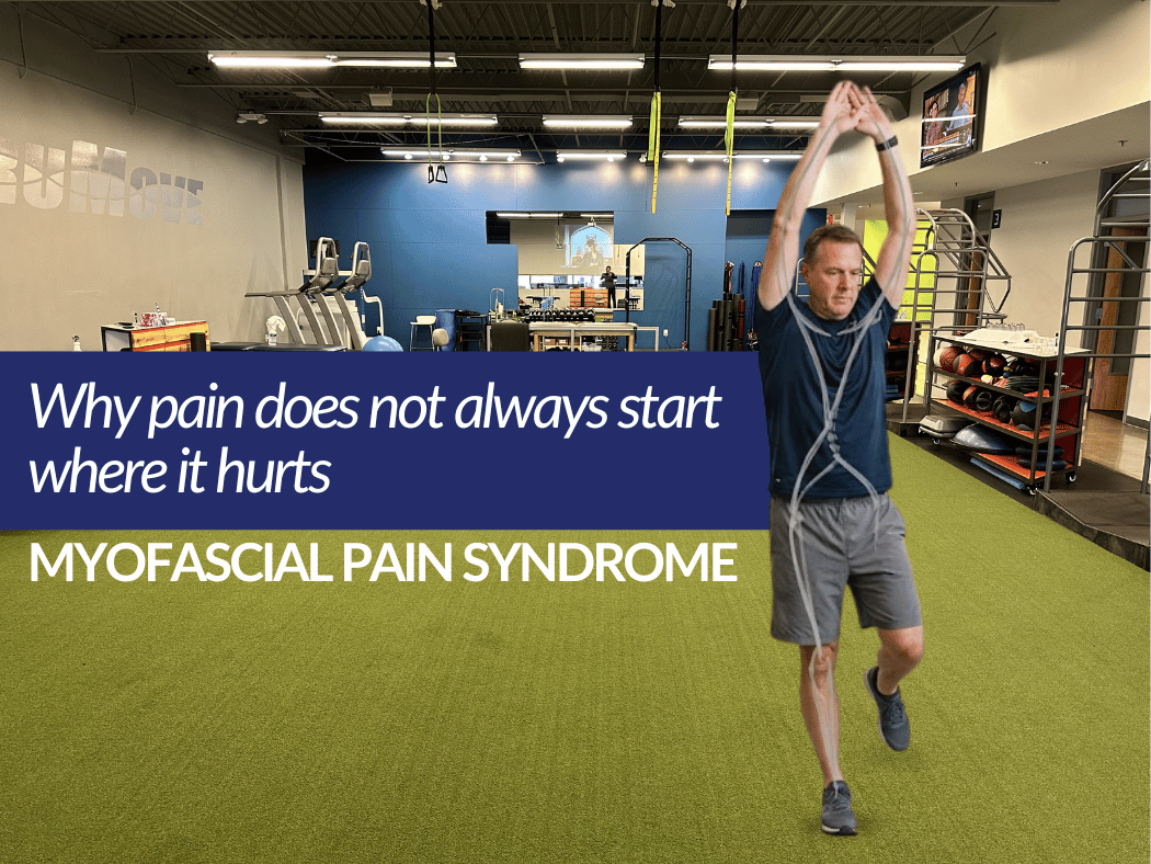 Patient performing a movement assessment at TruMove Physical Therapy in Overland Park while demonstrating how pain can originate from movement restrictions elsewhere in the body, a common feature of Myofascial Pain Syndrome.