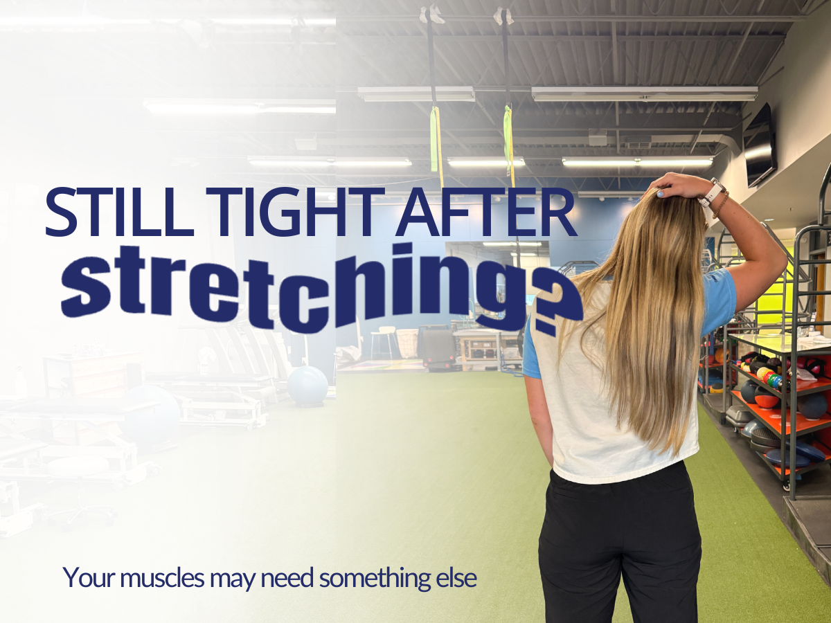 Woman stretching her neck inside TruMove Physical Therapy with the message “Still tight after stretching? Your muscles may need something else.”