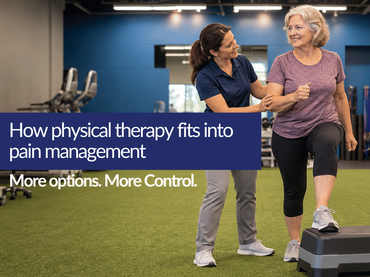 Physical therapist guiding an older adult through an active exercise for pain management