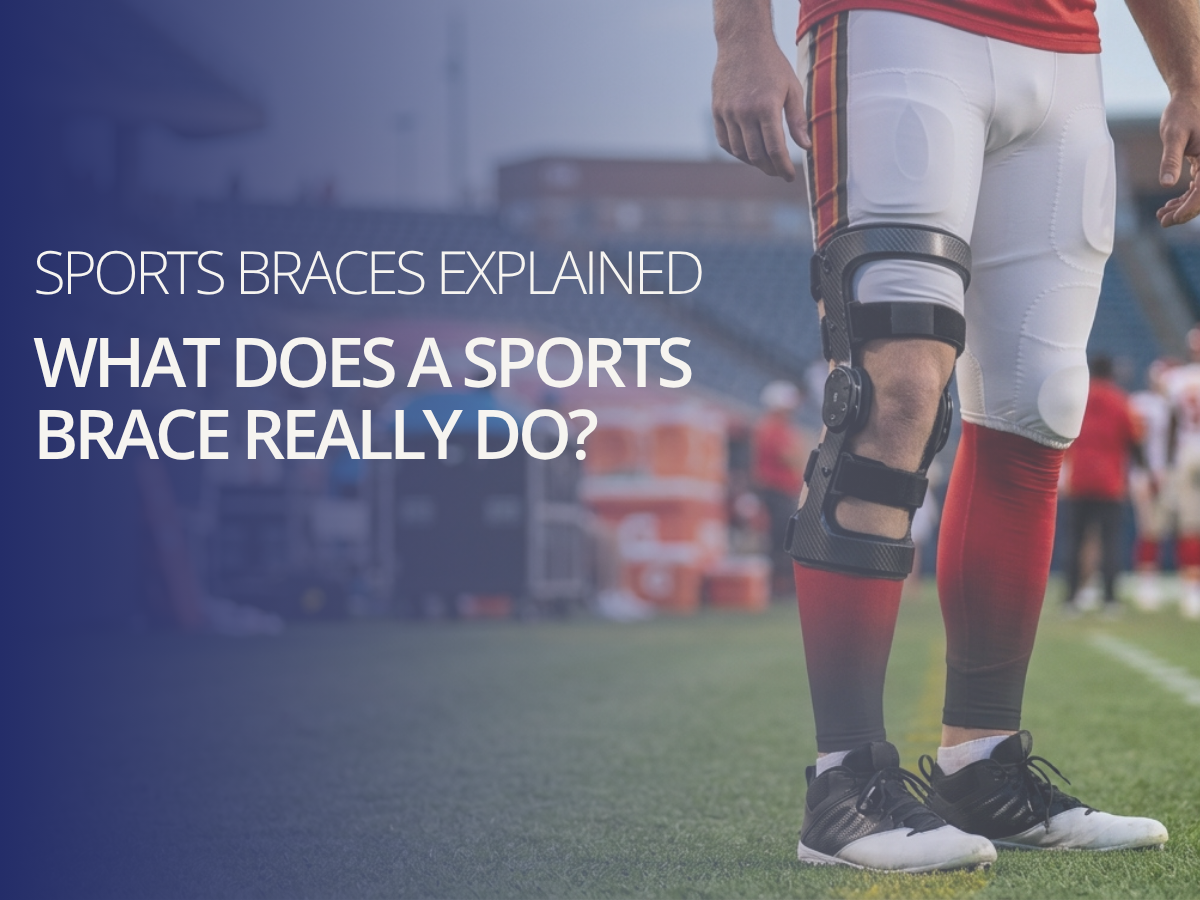 Football player wearing a hinged knee brace on the sideline, illustrating how sports braces support injured joints during activity.