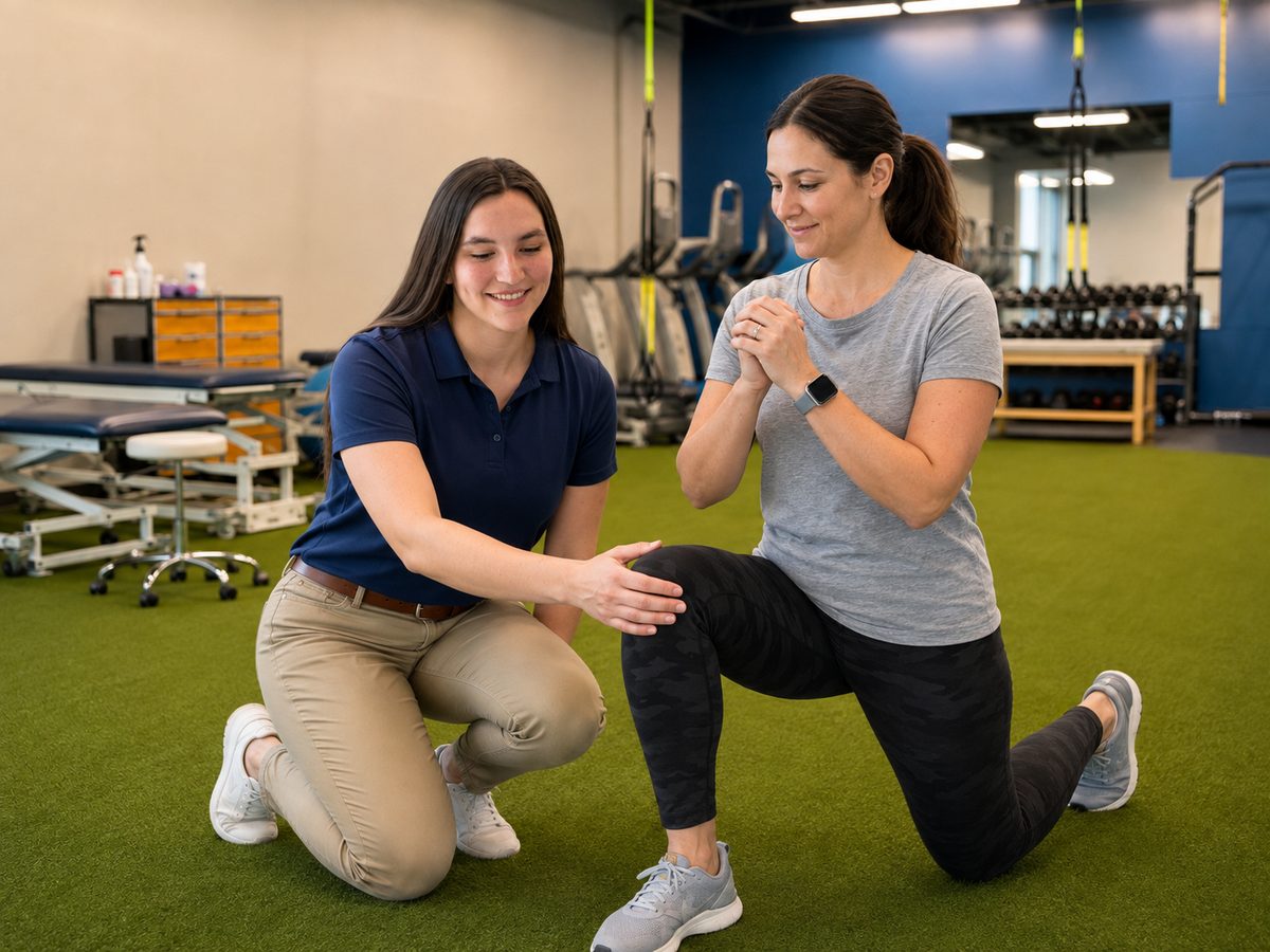 TruMove physical therapist checking knee alignment during a half-kneeling exercise in Overland Park